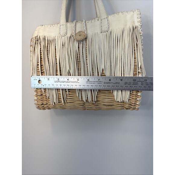 En Shalla Boho Western Coastal Wicker Kid Leather Fringe Woven Basket Tote - Picture 13 of 16